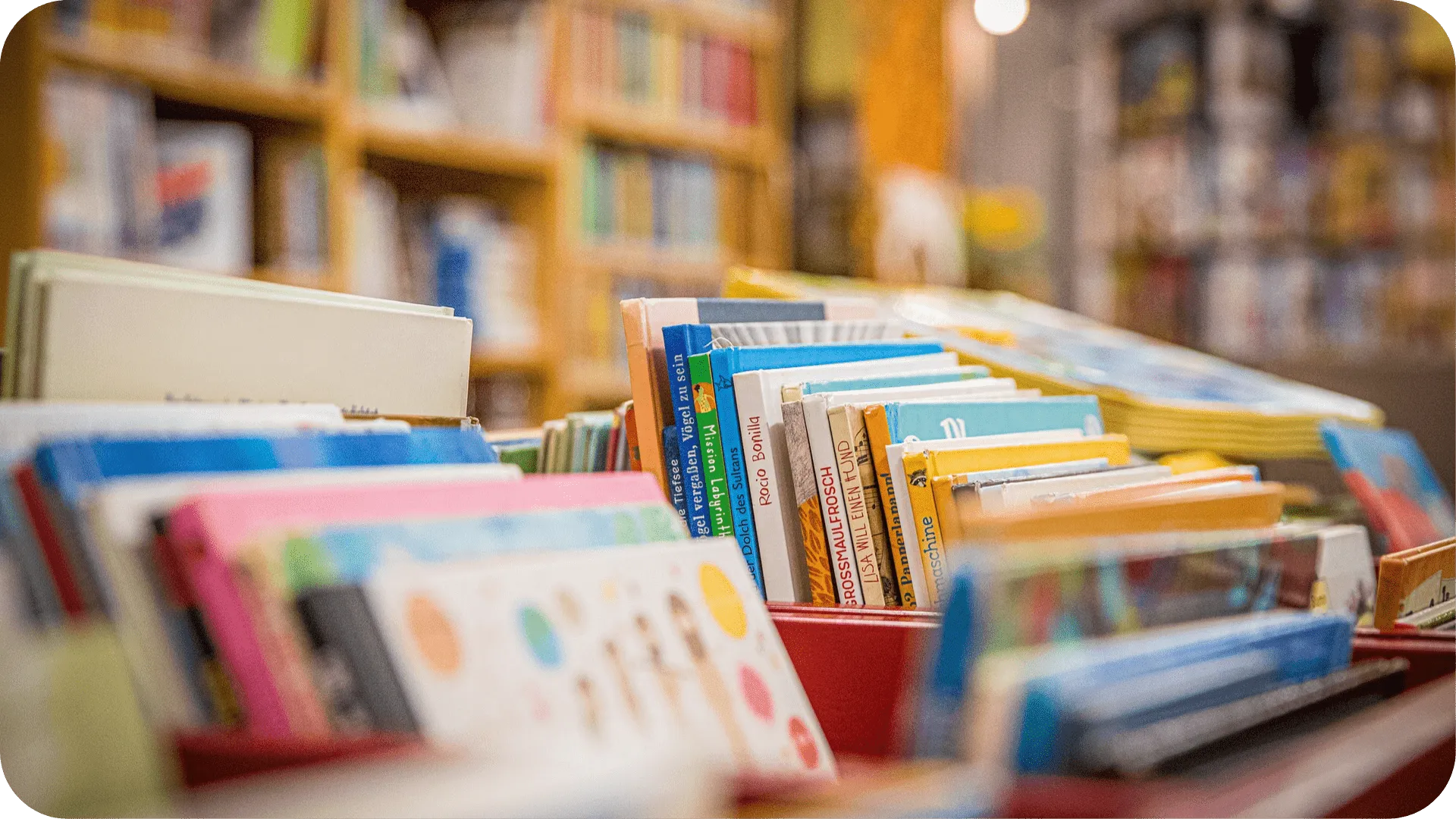 Children's books in a school library.