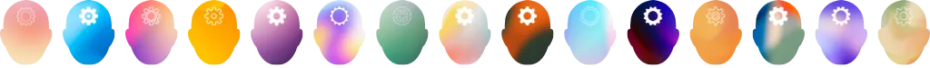 A row of heads coloured with various gradients with cogs on their foreheads.