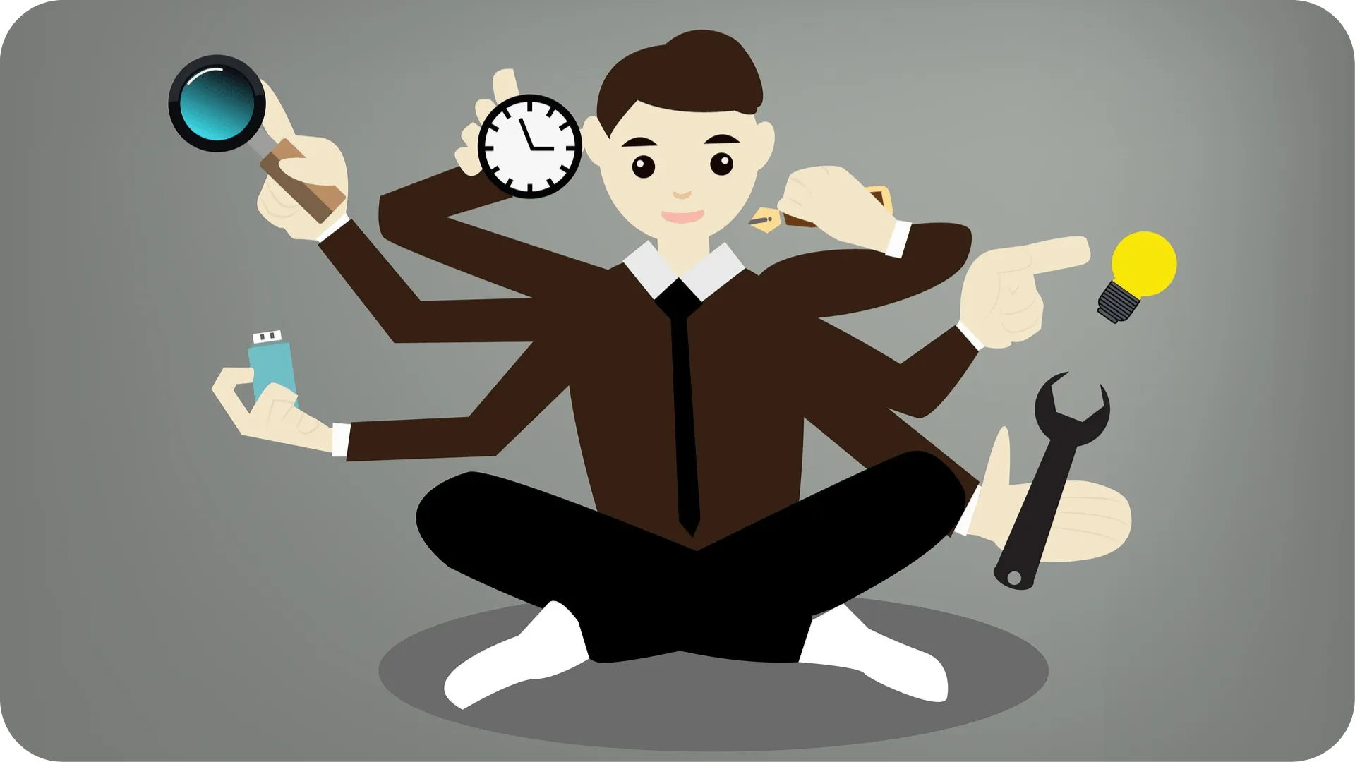 Cartoon man with 6 arms, multi-tasking.