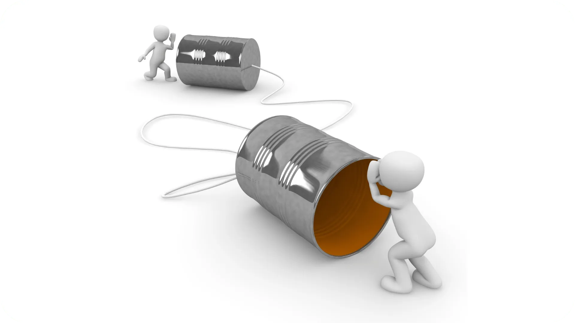 Two white blobby stick figure type people, either side of two tin cans with a string loosely in the middle. One person is talking into one can and the other person is listening from the other can.